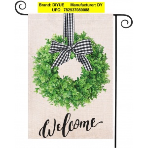 DIYUE Boxwood Wreath Welcome Garden Flag Vertical Double Sided, Buffalo Check Plaid Rustic Burlap Farmhouse Yard Outdoor Decoration 12.5 x 18 Inch